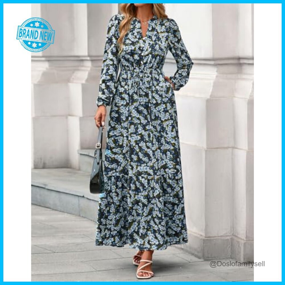 Boho Maxi Dress Floral Long Sleeve V-Neck Button Pockets Flowy Wedding Guest - Picture 6 of 7